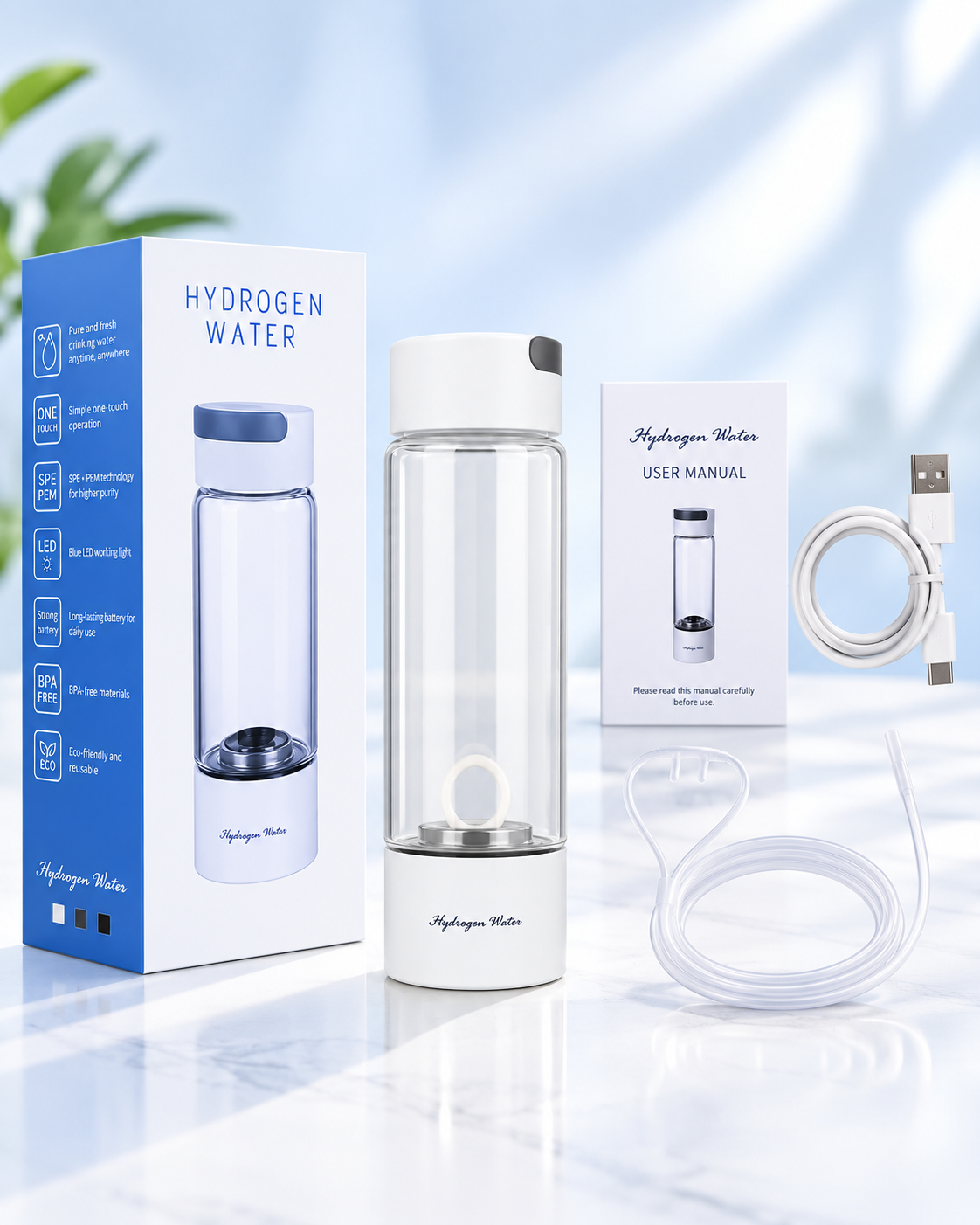 Daluris Pro hydrogen water bottle with USB charging cable, hydrogen inhalation tube and user guide