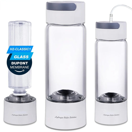 Hydrogen Rich Water Generator Bottle - Glass Cupbody - Dupont SPE & PEM Dual Chamber Maker Ionizer - H2 Inhalation Device